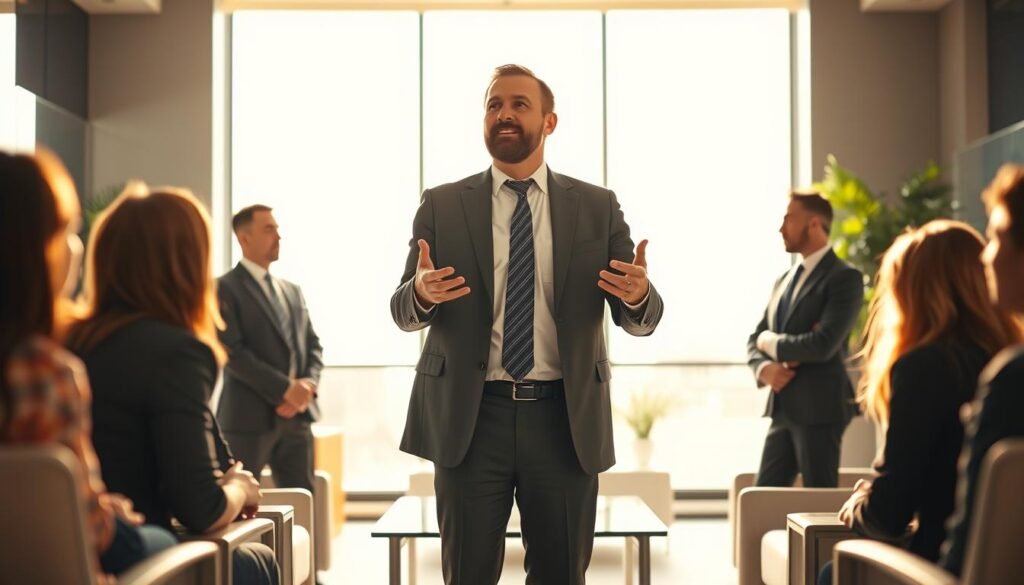 A businessman in a suit standing confidently, gesturing with his hands as he addresses a group of people. The scene is set in a modern, well-lit office space, with sleek furniture and large windows providing a bright, professional atmosphere. The lighting is warm and directional, creating depth and highlighting the subject's features. The angle is slightly elevated, giving a sense of authority and command. The overall mood conveys a sense of persuasion, as the businessman navigates handling objections and setting expectations to boost marketing efforts. A businessman in a suit standing confidently, gesturing with his hands as he addresses a group of people. The scene is set in a modern, well-lit office space, with sleek furniture and large windows providing a bright, professional atmosphere. The lighting is warm and directional, creating depth and highlighting the subject's features. The angle is slightly elevated, giving a sense of authority and command. The overall mood conveys a sense of persuasion, as the businessman navigates handling objections and setting expectations to boost marketing efforts.