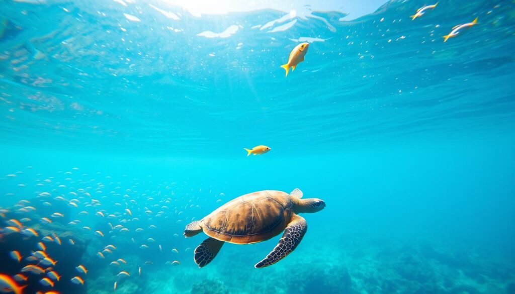 A crystal clear underwater scene, showcasing the vibrant water conditions ideal for snorkeling and diving in the Galapagos Islands. Sunlight filters through the surface, illuminating the diverse marine life below - schools of colorful fish, coral reefs, and a sea turtle gliding gracefully. The water appears a deep, inviting shade of blue-green, with excellent visibility. The composition captures the serene, tranquil atmosphere of an optimal snorkeling or diving experience, enticing the viewer to explore the wonders of the Galapagos' underwater world. A crystal clear underwater scene, showcasing the vibrant water conditions ideal for snorkeling and diving in the Galapagos Islands. Sunlight filters through the surface, illuminating the diverse marine life below - schools of colorful fish, coral reefs, and a sea turtle gliding gracefully. The water appears a deep, inviting shade of blue-green, with excellent visibility. The composition captures the serene, tranquil atmosphere of an optimal snorkeling or diving experience, enticing the viewer to explore the wonders of the Galapagos' underwater world.