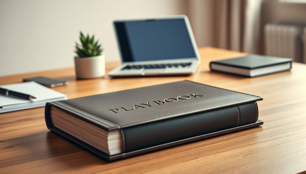 A high-quality, ultra-realistic photo showcasing an elegant playbook for professional services agencies. In the foreground, a well-crafted, leather-bound book with debossed titling and intricate page edges. Resting on a polished wood surface, the playbook exudes an air of authority and expertise. The middle ground features a minimalist desk setup with a modern laptop, a few carefully placed office supplies, and a succulent plant. The background is softly blurred, hinting at a modern, light-filled office environment with clean lines and a neutral color palette. Warm, directional lighting casts subtle shadows, adding depth and dimension to the scene. The overall mood is one of sophistication, organization, and a commitment to excellence in the professional services industry. A high-quality, ultra-realistic photo showcasing an elegant playbook for professional services agencies. In the foreground, a well-crafted, leather-bound book with debossed titling and intricate page edges. Resting on a polished wood surface, the playbook exudes an air of authority and expertise. The middle ground features a minimalist desk setup with a modern laptop, a few carefully placed office supplies, and a succulent plant. The background is softly blurred, hinting at a modern, light-filled office environment with clean lines and a neutral color palette. Warm, directional lighting casts subtle shadows, adding depth and dimension to the scene. The overall mood is one of sophistication, organization, and a commitment to excellence in the professional services industry.