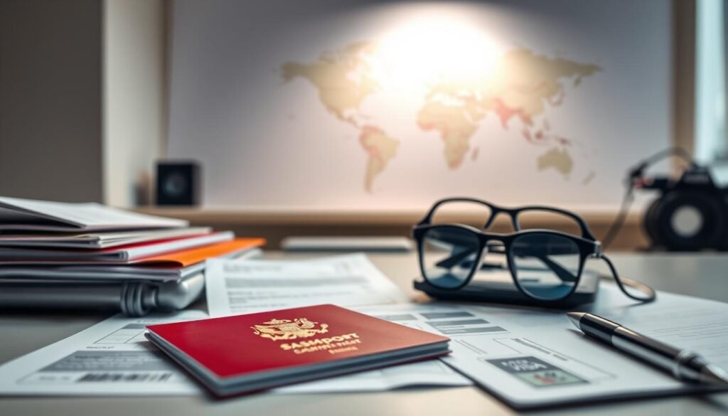 A high-quality, ultra-realistic photo showcasing the essential requirements and documentation for a Schengen travel visa. In the foreground, a vibrant assortment of travel-related items, including a passport, visa application form, and supporting documents. In the middle ground, a sleek, minimalist desk with clean lines and neutral tones, creating a sense of organization and attention to detail. The background features a subtle, blurred world map, hinting at the global scope of Schengen travel. Soft, natural lighting illuminates the scene, conveying a sense of professionalism and authority. The overall composition strikes a balance between informative and visually compelling, perfectly suited to illustrate the "Schengen Travel Visa Requirements and Documents to Prepare" section of the article. A high-quality, ultra-realistic photo showcasing the essential requirements and documentation for a Schengen travel visa. In the foreground, a vibrant assortment of travel-related items, including a passport, visa application form, and supporting documents. In the middle ground, a sleek, minimalist desk with clean lines and neutral tones, creating a sense of organization and attention to detail. The background features a subtle, blurred world map, hinting at the global scope of Schengen travel. Soft, natural lighting illuminates the scene, conveying a sense of professionalism and authority. The overall composition strikes a balance between informative and visually compelling, perfectly suited to illustrate the "Schengen Travel Visa Requirements and Documents to Prepare" section of the article.