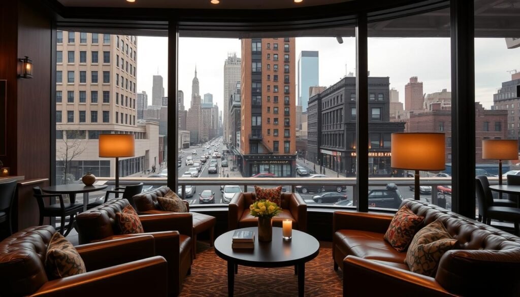 A high-resolution, ultra-realistic photograph of a cozy boutique hotel lobby in New York City. The space exudes a warm, inviting atmosphere with muted lighting, plush leather seating, and tasteful decor that blends modern and vintage elements. The focal point is a large window overlooking a bustling city street, framing the iconic skyline of Manhattan in the distance. The image captures the essence of what one would expect from a top-notch boutique hotel in NYC - a harmonious balance of location, ambiance, and value. A high-resolution, ultra-realistic photograph of a cozy boutique hotel lobby in New York City. The space exudes a warm, inviting atmosphere with muted lighting, plush leather seating, and tasteful decor that blends modern and vintage elements. The focal point is a large window overlooking a bustling city street, framing the iconic skyline of Manhattan in the distance. The image captures the essence of what one would expect from a top-notch boutique hotel in NYC - a harmonious balance of location, ambiance, and value.