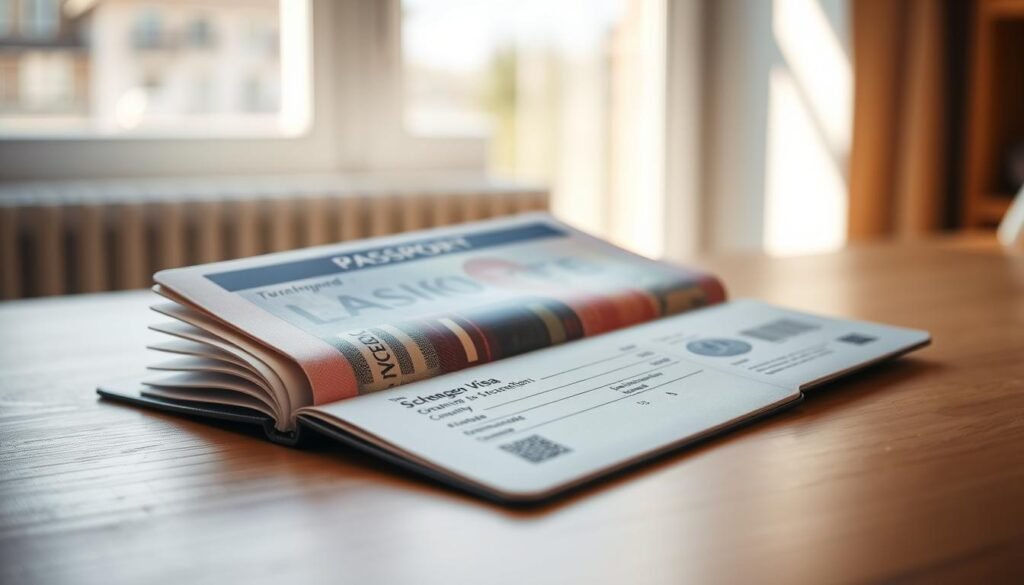 A high-resolution, ultra-realistic photograph of a passport, open to a page displaying a Schengen visa, with a prominent focus on the visa details. The passport is placed on a wooden desk, illuminated by natural light streaming in from a window in the background. The desk surface is clean and uncluttered, allowing the visa information to be the central point of interest. The image conveys a sense of travel and international mobility, capturing the essential details that define the duration and validity of a Schengen visa. A high-resolution, ultra-realistic photograph of a passport, open to a page displaying a Schengen visa, with a prominent focus on the visa details. The passport is placed on a wooden desk, illuminated by natural light streaming in from a window in the background. The desk surface is clean and uncluttered, allowing the visa information to be the central point of interest. The image conveys a sense of travel and international mobility, capturing the essential details that define the duration and validity of a Schengen visa.