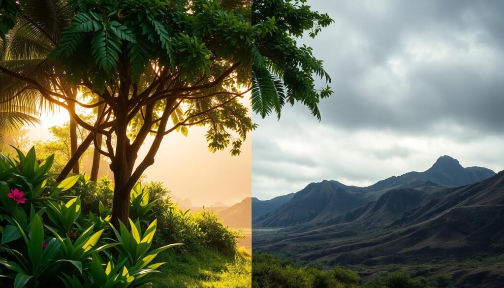 A lush, tropical landscape in the Galapagos Islands, divided into two distinct seasonal scenes. In the foreground, verdant foliage and vibrant wildlife thrive under the warm, humid embrace of the rainy season. Sunlight filters through the canopy, casting a golden glow. In the background, a more muted palette reflects the cool, dry conditions of the arid season - rugged terrain, sparse vegetation, and a moody, overcast sky. The contrasting environments showcase the dynamic nature of this enchanting archipelago, inviting the viewer to experience the varied wonders of the Galapagos throughout the year. A lush, tropical landscape in the Galapagos Islands, divided into two distinct seasonal scenes. In the foreground, verdant foliage and vibrant wildlife thrive under the warm, humid embrace of the rainy season. Sunlight filters through the canopy, casting a golden glow. In the background, a more muted palette reflects the cool, dry conditions of the arid season - rugged terrain, sparse vegetation, and a moody, overcast sky. The contrasting environments showcase the dynamic nature of this enchanting archipelago, inviting the viewer to experience the varied wonders of the Galapagos throughout the year.