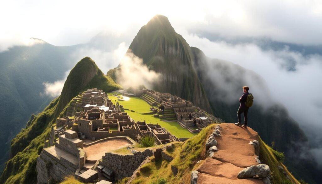 A panoramic vista of the iconic Machu Picchu ruins, shrouded in the soft morning mist. A lone hiker stands atop the Inca Trail, gazing out over the lush, terraced landscape. Sunlight filters through the cloud cover, casting a warm, golden glow on the ancient stone structures. The path winds gracefully through the mountainous terrain, offering breathtaking views at every turn. The scene conveys a sense of tranquility and adventure, perfectly capturing the essence of the best time to hike this legendary Incan citadel. A panoramic vista of the iconic Machu Picchu ruins, shrouded in the soft morning mist. A lone hiker stands atop the Inca Trail, gazing out over the lush, terraced landscape. Sunlight filters through the cloud cover, casting a warm, golden glow on the ancient stone structures. The path winds gracefully through the mountainous terrain, offering breathtaking views at every turn. The scene conveys a sense of tranquility and adventure, perfectly capturing the essence of the best time to hike this legendary Incan citadel.