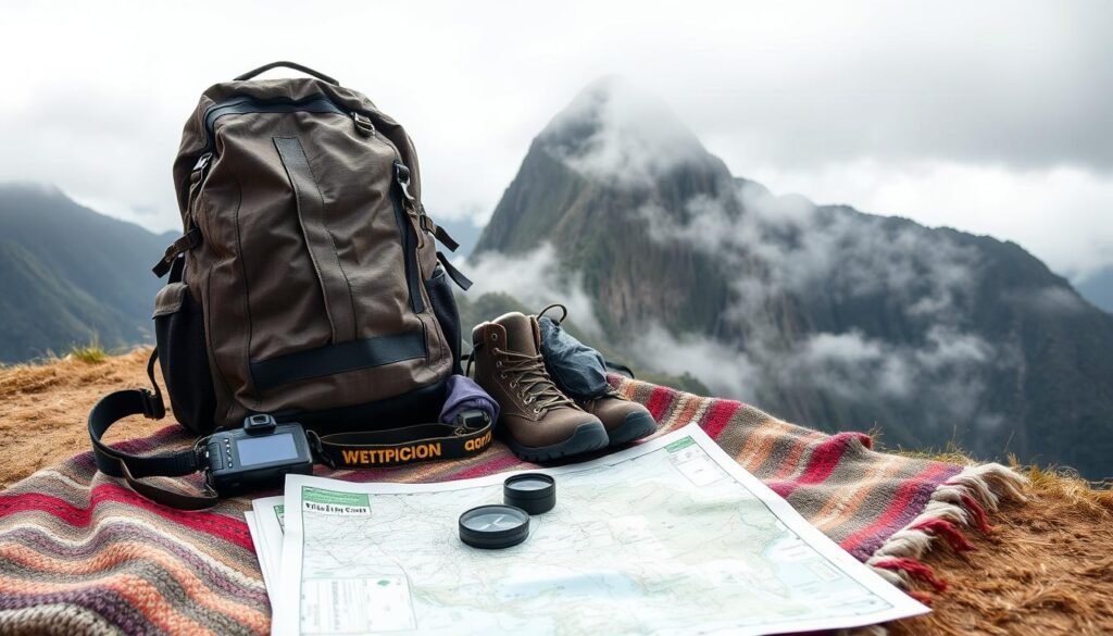 A rugged backpack sits atop a woven Peruvian blanket, surrounded by essential wet-season gear - rain ponchos, hiking boots, and a waterproof camera. Misty mountains rise in the distance, their peaks shrouded in a soft, atmospheric haze. The lighting is natural and diffused, casting a warm, earthy glow across the scene. In the foreground, a map and compass lie ready, hinting at the adventure to come. This ultra-realistic photo captures the careful preparation required for a Machu Picchu trek during the wet season, where weather and terrain demand thoughtful packing and planning. A rugged backpack sits atop a woven Peruvian blanket, surrounded by essential wet-season gear - rain ponchos, hiking boots, and a waterproof camera. Misty mountains rise in the distance, their peaks shrouded in a soft, atmospheric haze. The lighting is natural and diffused, casting a warm, earthy glow across the scene. In the foreground, a map and compass lie ready, hinting at the adventure to come. This ultra-realistic photo captures the careful preparation required for a Machu Picchu trek during the wet season, where weather and terrain demand thoughtful packing and planning.