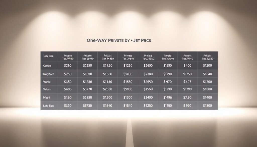 A sleek, modern table displaying a comprehensive breakdown of one-way private jet pricing by city pair and jet size. The table is rendered in a minimalist, high-contrast style with clean lines and a neutral color palette, allowing the pricing information to take center stage. Soft, directional lighting illuminates the table, creating a sense of depth and dimension. The background is a simple, blurred cityscape, hinting at the global nature of private aviation without distracting from the main focus. The overall composition is balanced, professional, and designed to effectively convey the key pricing details to the reader. A sleek, modern table displaying a comprehensive breakdown of one-way private jet pricing by city pair and jet size. The table is rendered in a minimalist, high-contrast style with clean lines and a neutral color palette, allowing the pricing information to take center stage. Soft, directional lighting illuminates the table, creating a sense of depth and dimension. The background is a simple, blurred cityscape, hinting at the global nature of private aviation without distracting from the main focus. The overall composition is balanced, professional, and designed to effectively convey the key pricing details to the reader.