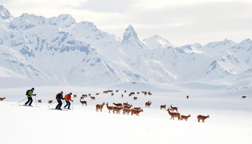 A snow-covered landscape in Patagonia, Argentina, during the off-season. In the foreground, a group of skiers glide effortlessly down a pristine slope, their movements captured in a crisp, high-resolution photograph. In the middle ground, a herd of guanacos (wild camelids) graze peacefully, their tawny coats contrasting against the white backdrop. The background reveals towering, jagged Andean peaks, their summits capped with glistening snow, bathed in a soft, diffused light. The overall scene conveys a sense of tranquility and solitude, inviting the viewer to experience the quiet beauty of Patagonia during the winter months. A snow-covered landscape in Patagonia, Argentina, during the off-season. In the foreground, a group of skiers glide effortlessly down a pristine slope, their movements captured in a crisp, high-resolution photograph. In the middle ground, a herd of guanacos (wild camelids) graze peacefully, their tawny coats contrasting against the white backdrop. The background reveals towering, jagged Andean peaks, their summits capped with glistening snow, bathed in a soft, diffused light. The overall scene conveys a sense of tranquility and solitude, inviting the viewer to experience the quiet beauty of Patagonia during the winter months.