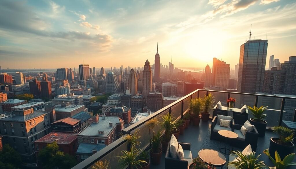 A stunning city skyline with iconic New York City landmarks, such as the Empire State Building and the Statue of Liberty, in the distance. In the foreground, a series of cozy, well-appointed balconies overlooking vibrant neighborhoods, each with its own unique character and charm. The balconies feature comfortable seating, lush potted plants, and inviting atmospheres, creating the perfect spaces for guests to enjoy the breathtaking views of the city. Warm, golden lighting bathes the scene, capturing the energy and liveliness of the bustling metropolis. The image is captured with a wide-angle lens, providing a panoramic view that showcases the best areas for balcony stays in NYC. A stunning city skyline with iconic New York City landmarks, such as the Empire State Building and the Statue of Liberty, in the distance. In the foreground, a series of cozy, well-appointed balconies overlooking vibrant neighborhoods, each with its own unique character and charm. The balconies feature comfortable seating, lush potted plants, and inviting atmospheres, creating the perfect spaces for guests to enjoy the breathtaking views of the city. Warm, golden lighting bathes the scene, capturing the energy and liveliness of the bustling metropolis. The image is captured with a wide-angle lens, providing a panoramic view that showcases the best areas for balcony stays in NYC.