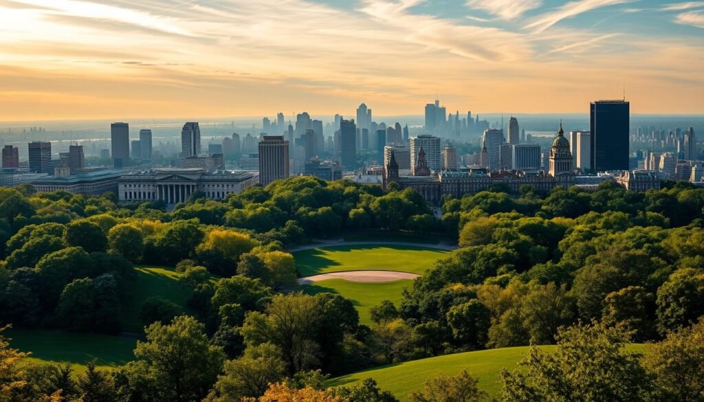 A stunning panoramic view of the iconic landmarks and lush landscapes surrounding Central Park in New York City. In the foreground, the tranquil greenery of the park's rolling hills and manicured gardens. In the middle ground, the grand architecture of the Metropolitan Museum of Art, the American Museum of Natural History, and other world-renowned cultural institutions. In the background, the towering skyscrapers of the Manhattan skyline, bathed in warm, golden sunlight filtering through wispy clouds. The scene exudes a sense of vibrant urban energy balanced by the peaceful serenity of nature. Captured with a wide-angle lens to showcase the dynamic interplay between the park and its captivating surroundings. A stunning panoramic view of the iconic landmarks and lush landscapes surrounding Central Park in New York City. In the foreground, the tranquil greenery of the park's rolling hills and manicured gardens. In the middle ground, the grand architecture of the Metropolitan Museum of Art, the American Museum of Natural History, and other world-renowned cultural institutions. In the background, the towering skyscrapers of the Manhattan skyline, bathed in warm, golden sunlight filtering through wispy clouds. The scene exudes a sense of vibrant urban energy balanced by the peaceful serenity of nature. Captured with a wide-angle lens to showcase the dynamic interplay between the park and its captivating surroundings.