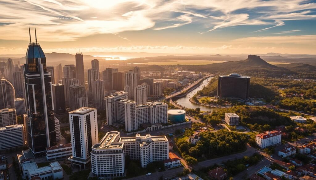 A sweeping aerial vista of hotels across the globe, from towering city skyscrapers to quaint seaside resorts. The scene is illuminated by warm, golden sunlight filtering through wispy clouds, casting a serene glow over the diverse architectural styles and landscapes. In the foreground, a cluster of modern high-rise hotels stand tall, their reflective glass facades mirroring the surrounding cityscapes. In the middle ground, picturesque coastal hotels dot the shoreline, their white-washed walls and red-tiled roofs nestled amidst lush greenery. The background reveals a tapestry of mountains, forests, and bodies of water, showcasing the vast geographic reach and varied settings of hotels worldwide. The overall composition conveys a sense of global connectivity, diversity, and the boundless opportunities for travel and accommodation. A sweeping aerial vista of hotels across the globe, from towering city skyscrapers to quaint seaside resorts. The scene is illuminated by warm, golden sunlight filtering through wispy clouds, casting a serene glow over the diverse architectural styles and landscapes. In the foreground, a cluster of modern high-rise hotels stand tall, their reflective glass facades mirroring the surrounding cityscapes. In the middle ground, picturesque coastal hotels dot the shoreline, their white-washed walls and red-tiled roofs nestled amidst lush greenery. The background reveals a tapestry of mountains, forests, and bodies of water, showcasing the vast geographic reach and varied settings of hotels worldwide. The overall composition conveys a sense of global connectivity, diversity, and the boundless opportunities for travel and accommodation.