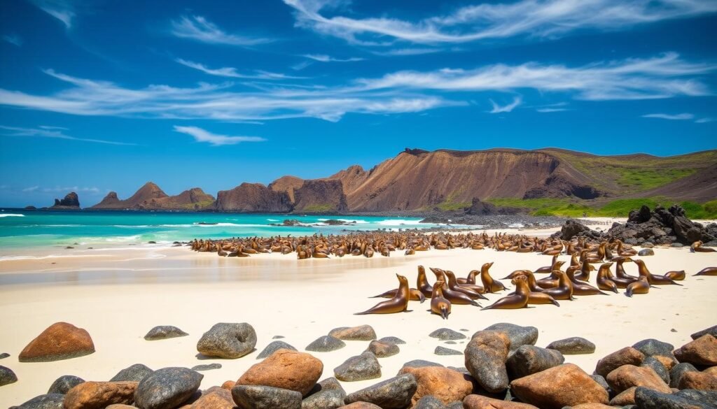 A vibrant, sun-drenched landscape of the Galapagos Islands, captured during the peak travel season. In the foreground, a pristine sandy beach dotted with carefully placed rocks, leading the eye to the crystal-clear turquoise waters of the Pacific Ocean. In the middle ground, a colony of playful sea lions basking on the shore, their sleek, wet bodies glistening in the warm light. In the background, a rugged volcanic landscape with towering cliffs and lush, verdant vegetation, creating a serene and awe-inspiring backdrop. Overhead, a deep blue sky with wispy clouds, accentuating the natural beauty of this remarkable destination. The overall scene conveys the tranquility, wildlife, and geological wonder that make the Galapagos Islands a must-visit destination. A vibrant, sun-drenched landscape of the Galapagos Islands, captured during the peak travel season. In the foreground, a pristine sandy beach dotted with carefully placed rocks, leading the eye to the crystal-clear turquoise waters of the Pacific Ocean. In the middle ground, a colony of playful sea lions basking on the shore, their sleek, wet bodies glistening in the warm light. In the background, a rugged volcanic landscape with towering cliffs and lush, verdant vegetation, creating a serene and awe-inspiring backdrop. Overhead, a deep blue sky with wispy clouds, accentuating the natural beauty of this remarkable destination. The overall scene conveys the tranquility, wildlife, and geological wonder that make the Galapagos Islands a must-visit destination.