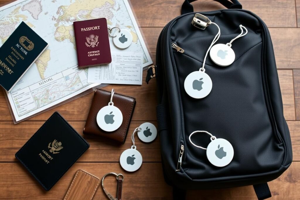 Apple AirTags attached to luggage, backpack, and keys for travel tracking Apple AirTags attached to luggage, backpack, and keys for travel tracking