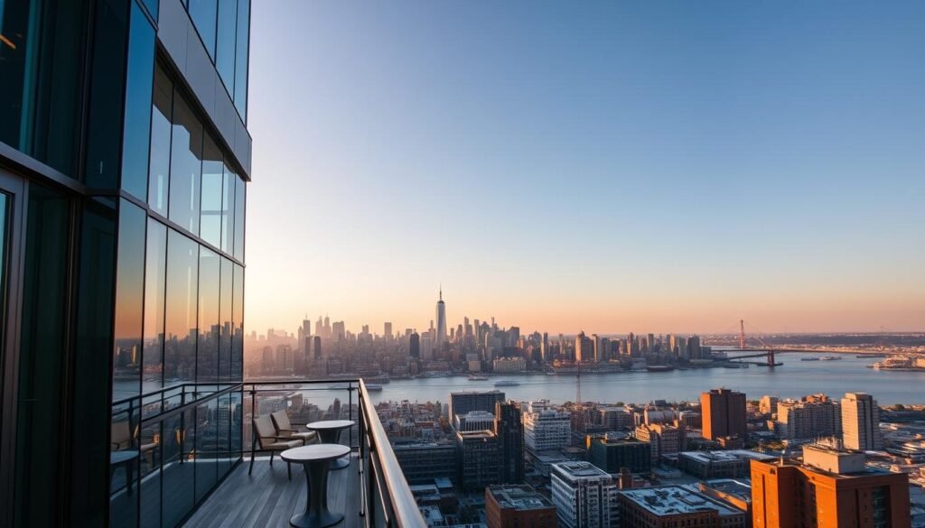 Boro Hotel Long Island City, a modern high-rise with a stunning balcony offering panoramic views of the New York City skyline. In the foreground, the sleek glass facade and private balcony with metal railings. Beyond, the iconic silhouette of the Manhattan skyline, bathed in soft, warm light as the sun sets over the East River. In the middle ground, the rooftops and skyscrapers of Long Island City, bustling with activity. The atmosphere is one of tranquility and urban sophistication, inviting the viewer to imagine relaxing on the balcony and taking in the breathtaking vistas. An ultra-realistic, cinematic photograph captured with a wide-angle lens to showcase the scale and grandeur of this luxurious hotel experience. Boro Hotel Long Island City, a modern high-rise with a stunning balcony offering panoramic views of the New York City skyline. In the foreground, the sleek glass facade and private balcony with metal railings. Beyond, the iconic silhouette of the Manhattan skyline, bathed in soft, warm light as the sun sets over the East River. In the middle ground, the rooftops and skyscrapers of Long Island City, bustling with activity. The atmosphere is one of tranquility and urban sophistication, inviting the viewer to imagine relaxing on the balcony and taking in the breathtaking vistas. An ultra-realistic, cinematic photograph captured with a wide-angle lens to showcase the scale and grandeur of this luxurious hotel experience.