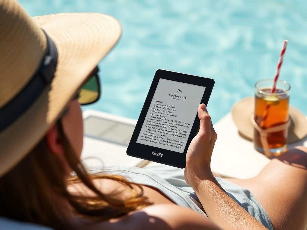 Kindle Paperwhite Signature Edition being used at a beach with travel accessories nearby Kindle Paperwhite Signature Edition being used at a beach with travel accessories nearby