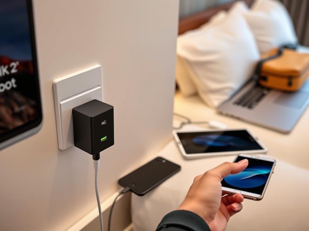 Nekteck 100W USB-C GaN Charger powering multiple devices in a hotel room Nekteck 100W USB-C GaN Charger powering multiple devices in a hotel room
