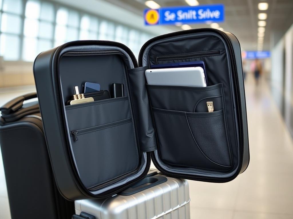 Samsonite Underseat Carry-On Spinner with tech organization compartments visible Samsonite Underseat Carry-On Spinner with tech organization compartments visible