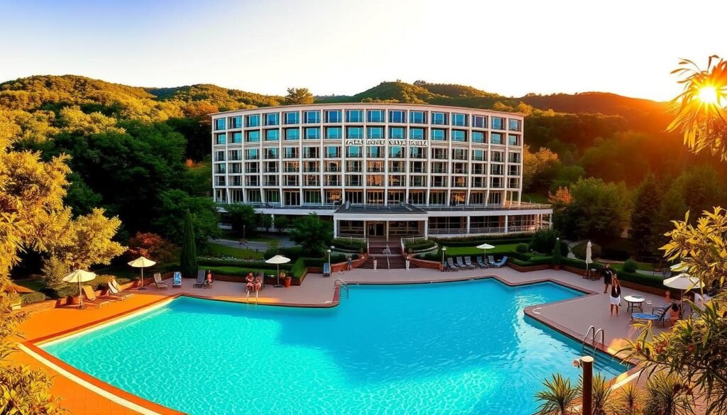 Serene Catskill oasis: a panoramic shot of an elegant, multi-story hotel nestled amid lush, verdant hills. Its sleek, modern facade gleams in the warm, golden afternoon light, while a sparkling, azure pool occupies the foreground, framed by well-manicured gardens and swaying trees. Guests can be seen lounging poolside, soaking up the tranquil atmosphere. The scene exudes a sense of relaxation and rejuvenation, perfectly capturing the essence of a luxurious Catskill Mountain getaway. Serene Catskill oasis: a panoramic shot of an elegant, multi-story hotel nestled amid lush, verdant hills. Its sleek, modern facade gleams in the warm, golden afternoon light, while a sparkling, azure pool occupies the foreground, framed by well-manicured gardens and swaying trees. Guests can be seen lounging poolside, soaking up the tranquil atmosphere. The scene exudes a sense of relaxation and rejuvenation, perfectly capturing the essence of a luxurious Catskill Mountain getaway.