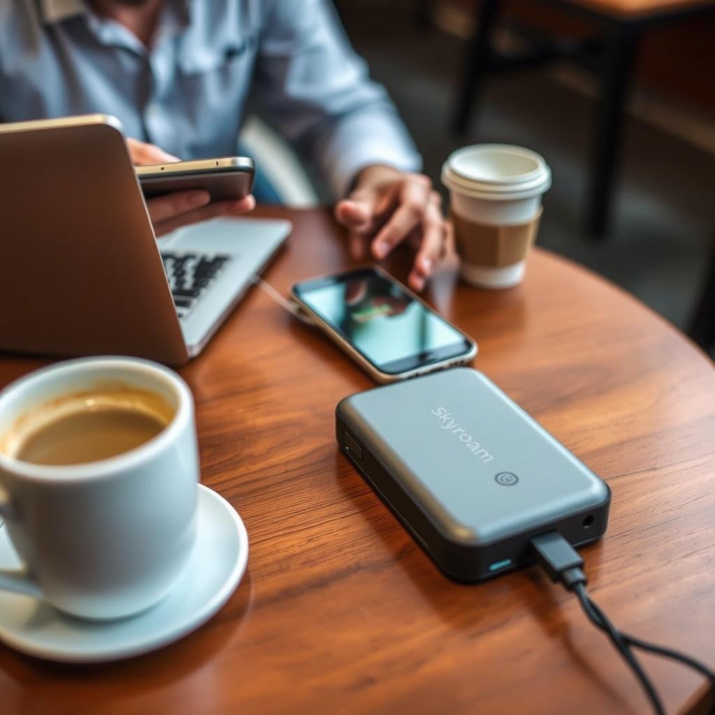 Skyroam Solis Lite Portable WiFi Hotspot being used in a cafe while traveling Skyroam Solis Lite Portable WiFi Hotspot being used in a cafe while traveling