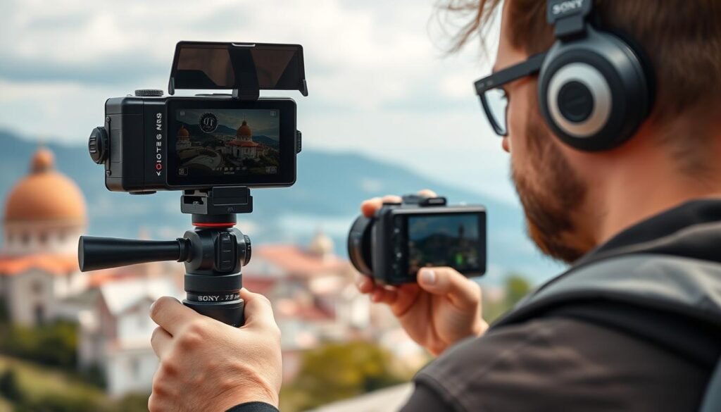 Sony ZV-1F Vlogging Camera being used to capture travel moments with flip screen visible Sony ZV-1F Vlogging Camera being used to capture travel moments with flip screen visible