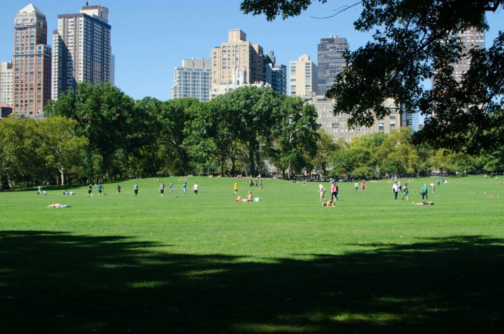 A vibrant urban oasis beyond the hustle of Central Park, this scene captures the joy and wonder of New York City's lesser-known parks and playgrounds. In the foreground, children delight on colorful swings and slides, their laughter echoing against the backdrop of lush foliage and towering skyscrapers. The middle ground showcases a diverse community gathered around an ornate fountain, families picnicking on the lush green lawns. In the distance, a mix of modern and historic architecture frames the skyline, bathed in the warm glow of a golden-hour sunset. The overall atmosphere is one of discovery, enchantment, and the seamless integration of nature and urban life. Captured with a wide-angle lens and impeccable lighting, this photo invites the viewer to explore the vibrant heart of New York City beyond its most famous landmark.