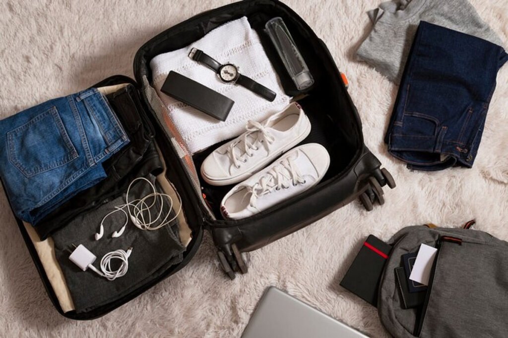 Shoe bag packing cube keeping white sneakers separated inside a suitcase — showing how travelers use shoe cubes for clean and organized luggage.
