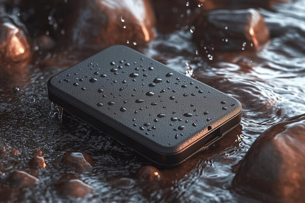 Close-up of a waterproof travel safety gear case with water droplets resting on it, showing durable protection for valuables during outdoor adventures.