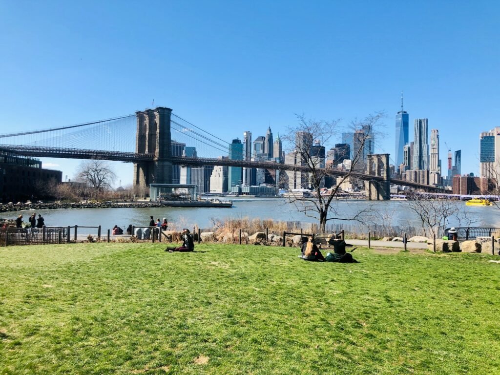 People relaxing on the grass at Brooklyn Bridge Park during daytime, a favorite spot among free things to do in NYC.