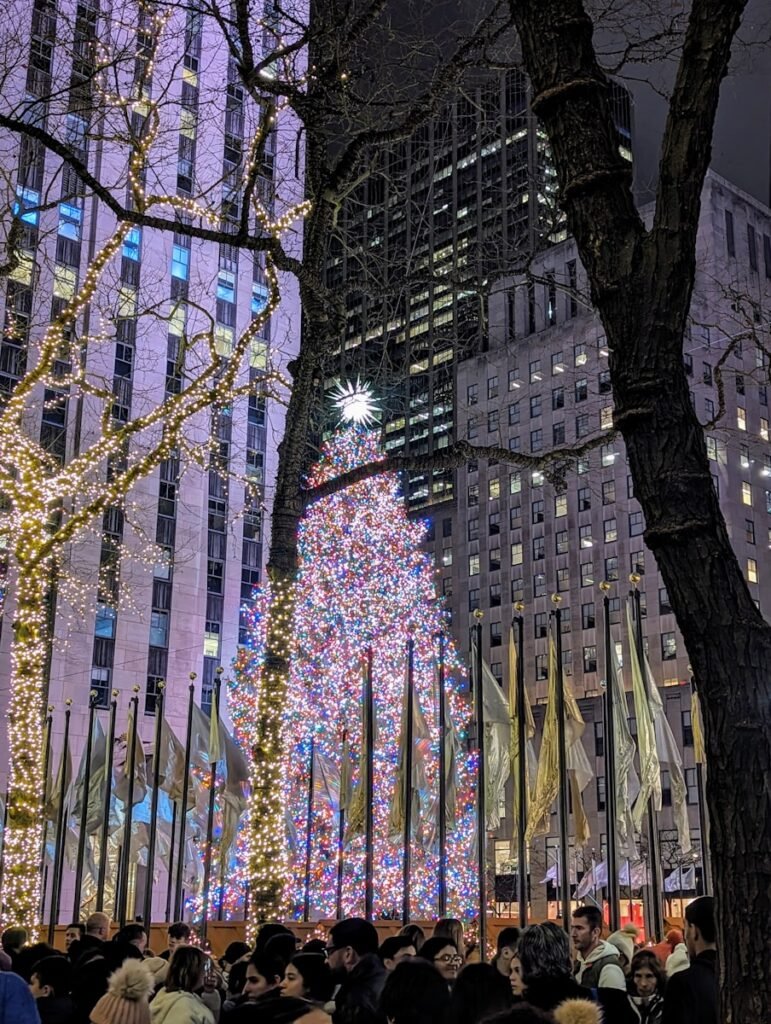 Crowd gathered at Rockefeller Center for the Christmas tree lighting, a holiday favorite among free things to do in NYC.