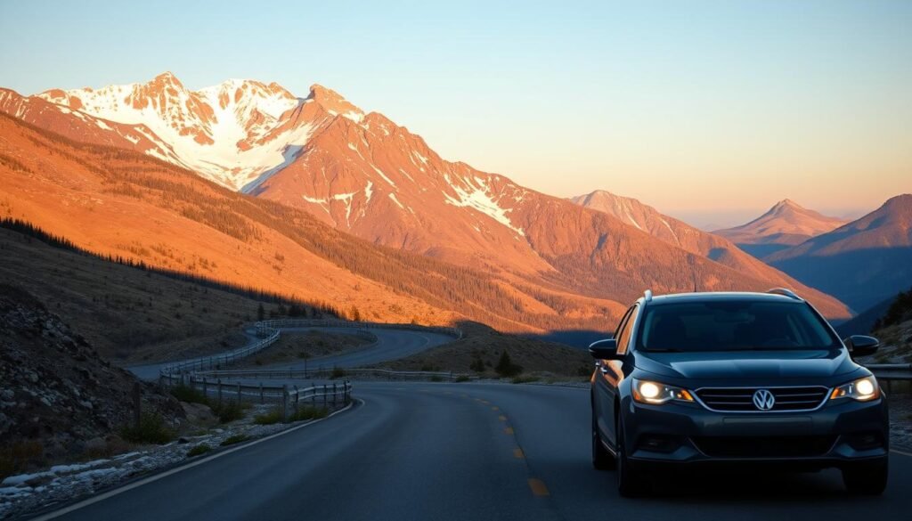 A scenic mountain road winds through the Colorado Rockies, with a late afternoon sun casting warm light across the landscape. In the foreground, a rental car navigates the twists and turns, its headlights illuminating the way. The middle ground features towering peaks, their snowy caps glimmering in the fading daylight. In the background, a clear sky transitions to a gradual gradient, hinting at the high-altitude climate. The scene conveys a sense of adventure and caution, capturing the essence of driving safely in Colorado's diverse weather and terrain. A scenic mountain road winds through the Colorado Rockies, with a late afternoon sun casting warm light across the landscape. In the foreground, a rental car navigates the twists and turns, its headlights illuminating the way. The middle ground features towering peaks, their snowy caps glimmering in the fading daylight. In the background, a clear sky transitions to a gradual gradient, hinting at the high-altitude climate. The scene conveys a sense of adventure and caution, capturing the essence of driving safely in Colorado's diverse weather and terrain.